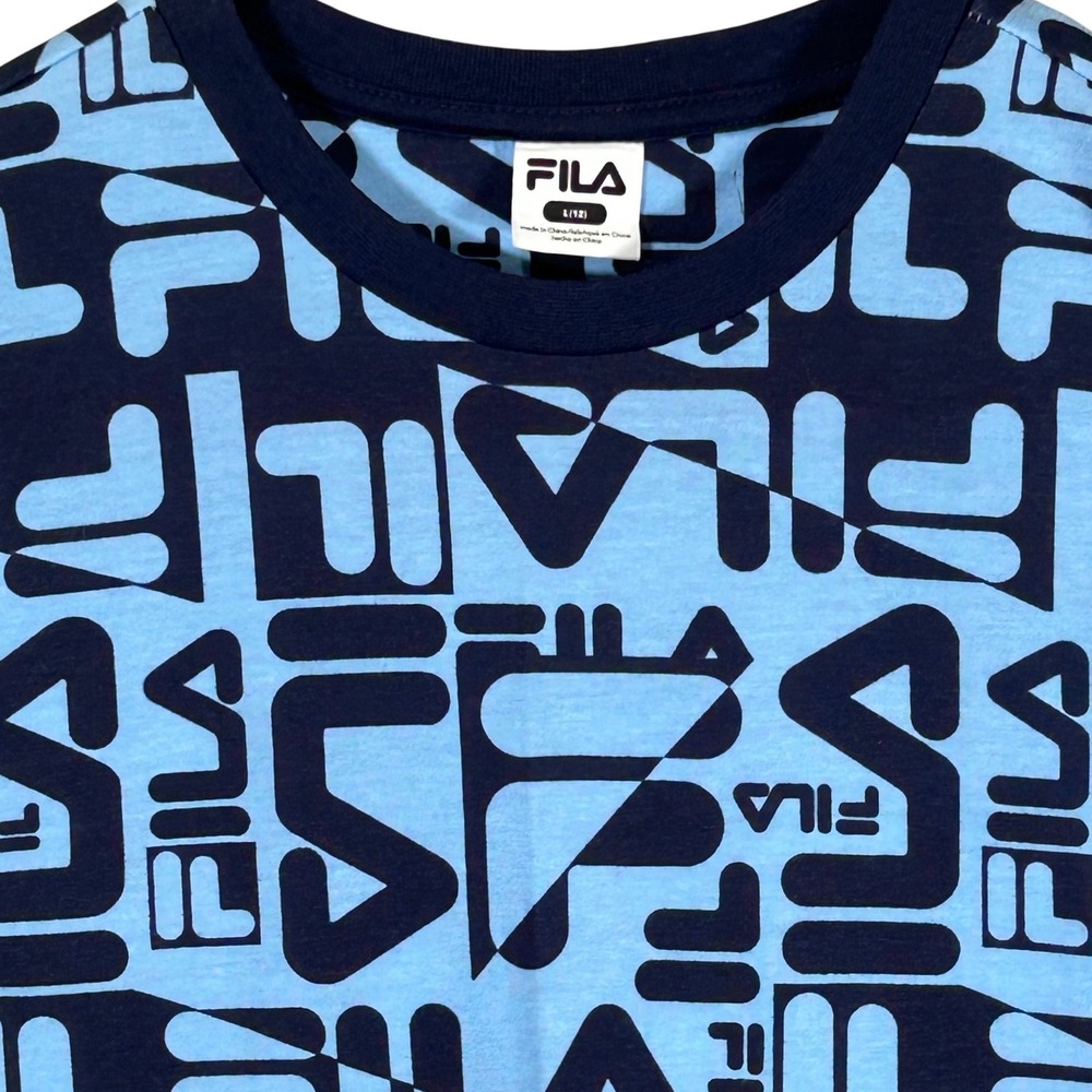 Fila Boys Blue Navy All Over Logo Print T-Shirt Size Large Brand New